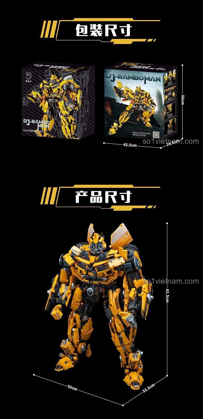 Ảnh thể hiện kích thước sản phẩm và kích thước hộp của bộ K-BOX V5007 Robot Bumblebee, giúp người mua dễ hình dung.
