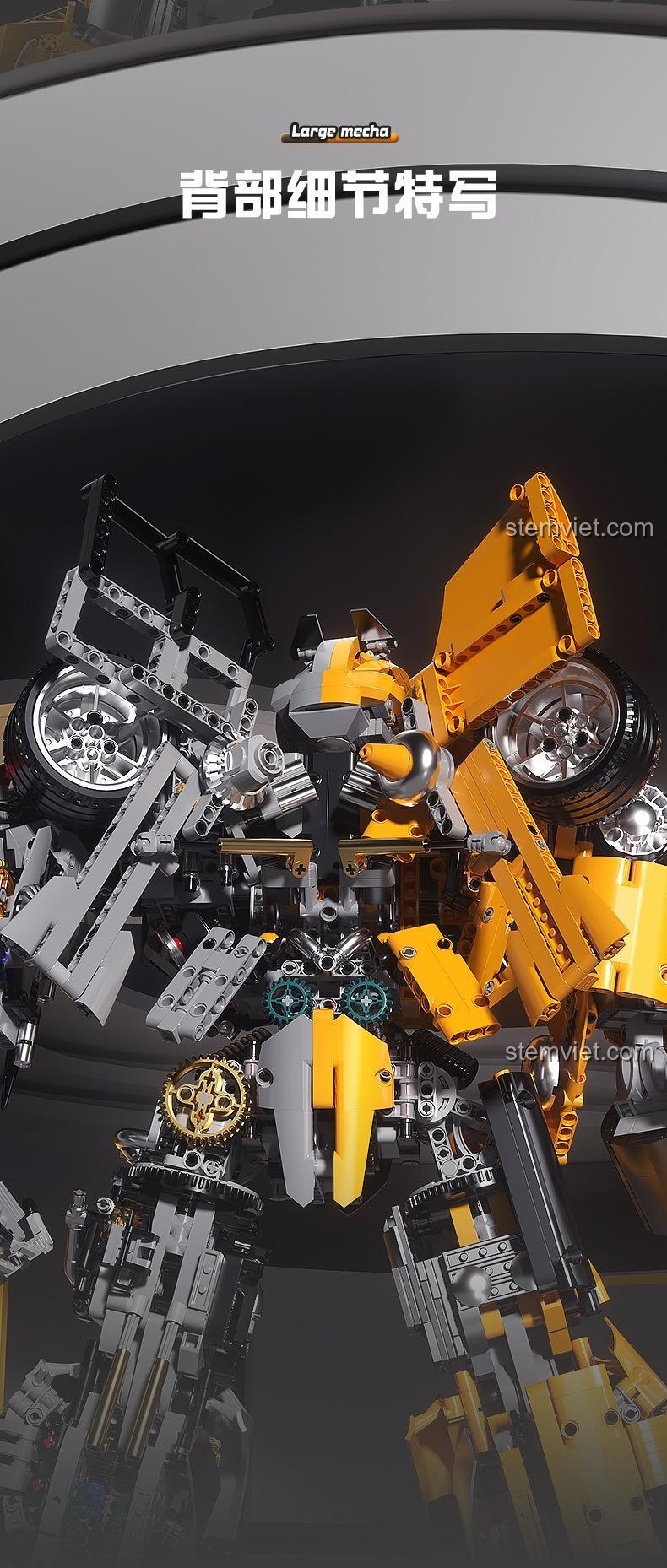 Ảnh cận cảnh các chi tiết cơ khí được sơn phủ kim loại của bộ xếp hình Robot biến hình Bumblebee, thể hiện sự tinh xảo.