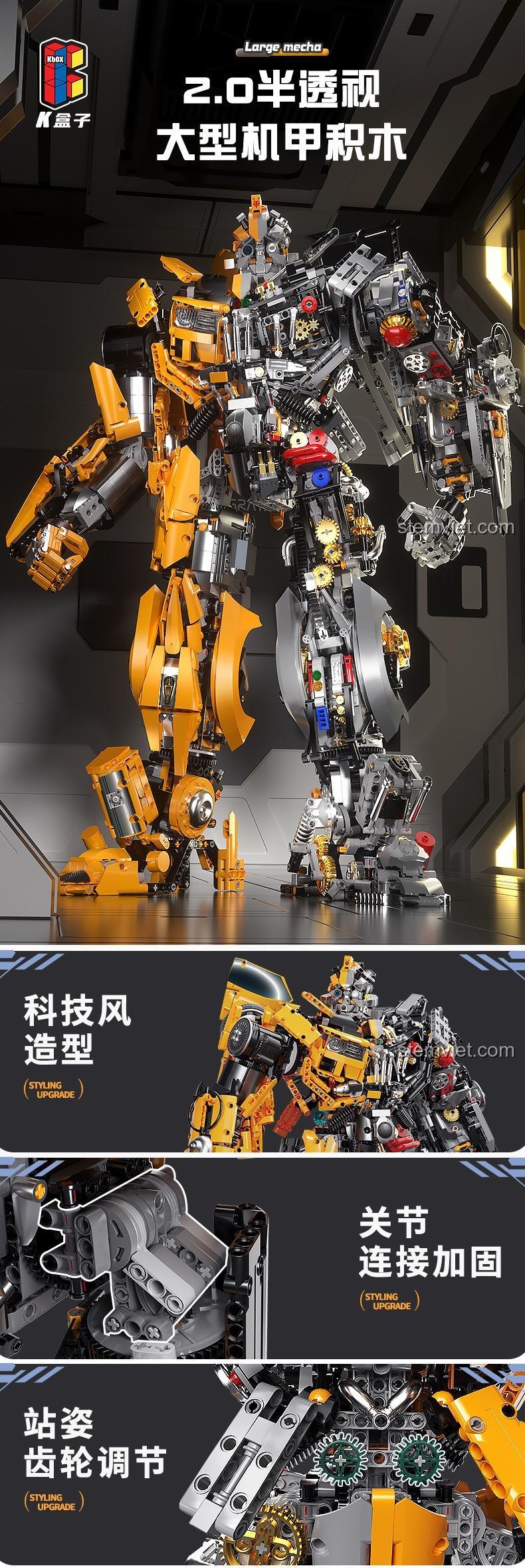 Mặt sau hộp đồ chơi mô hình Mecha Bumblebee V5014, giới thiệu các tính năng chính như đầu xoay, khớp cử động và kích thước.