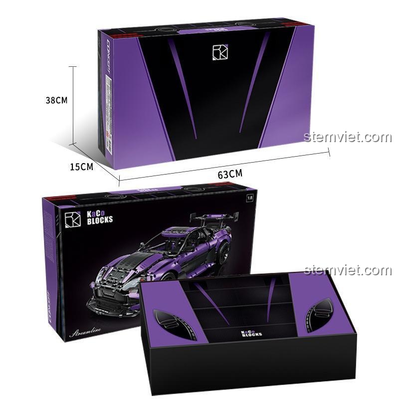Hộp sản phẩm bộ lắp ghép KaCo Blocks C001 Aston Martin Vantage GT3, thể hiện kích thước 63x38x15cm, đồ chơi mô hình chất lượng cao.