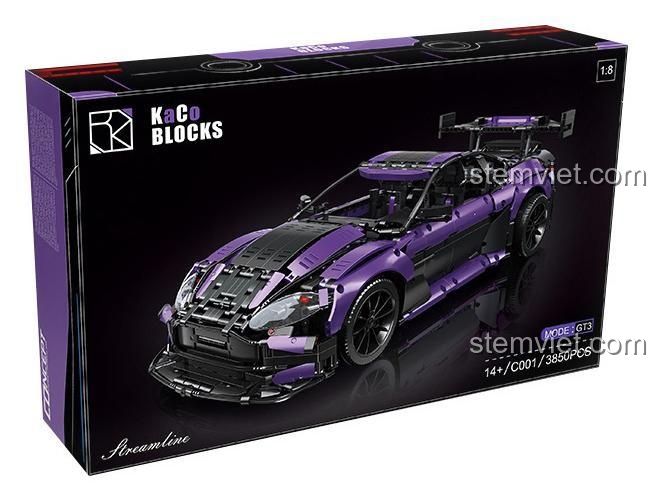 Hộp sản phẩm bộ xếp hình KaCo Blocks 001, mô hình xe đua Aston Martin Vantage GT3 tỉ lệ 1:8.