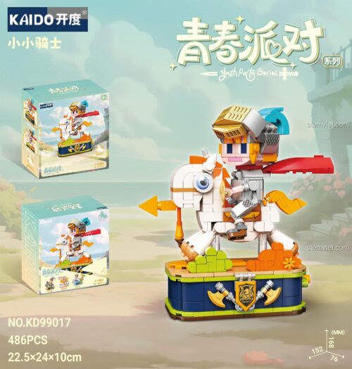Ảnh chụp chính diện mô hình bộ lắp ghép Hiệp sĩ tí hon Kaido KD99017 sau khi hoàn thành, thể hiện rõ hình ảnh kỵ sĩ chibi trên lưng ngựa trắng.