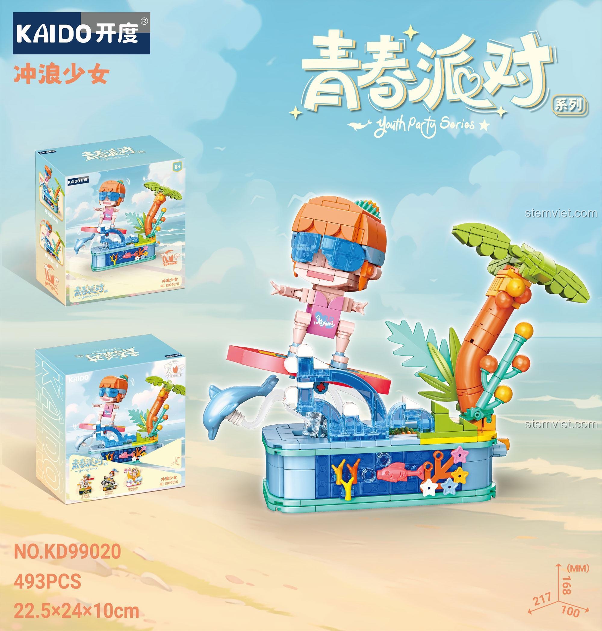 Bộ lắp ráp Kaido KD99020 Thiếu nữ lướt sóng, đồ chơi mô hình Cô gái lướt sóng, bộ xếp hình Mô hình lướt sóng, hộp và kích thước sản phẩm