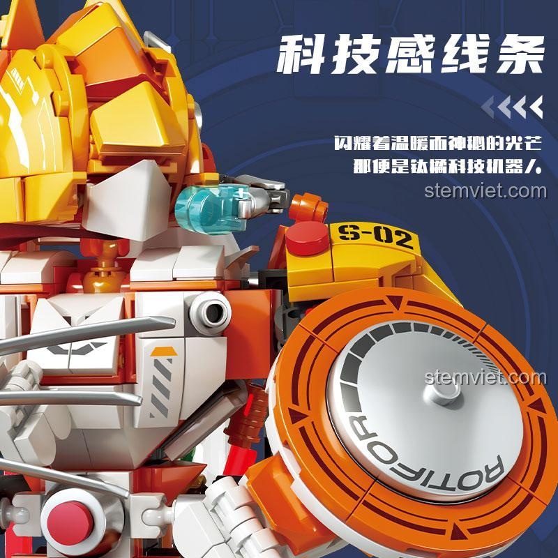 Ảnh chụp cận cảnh chi tiết khiên và vai của bộ xếp hình Quái thú cơ khí Taiju, thể hiện đường nét công nghệ tinh xảo.