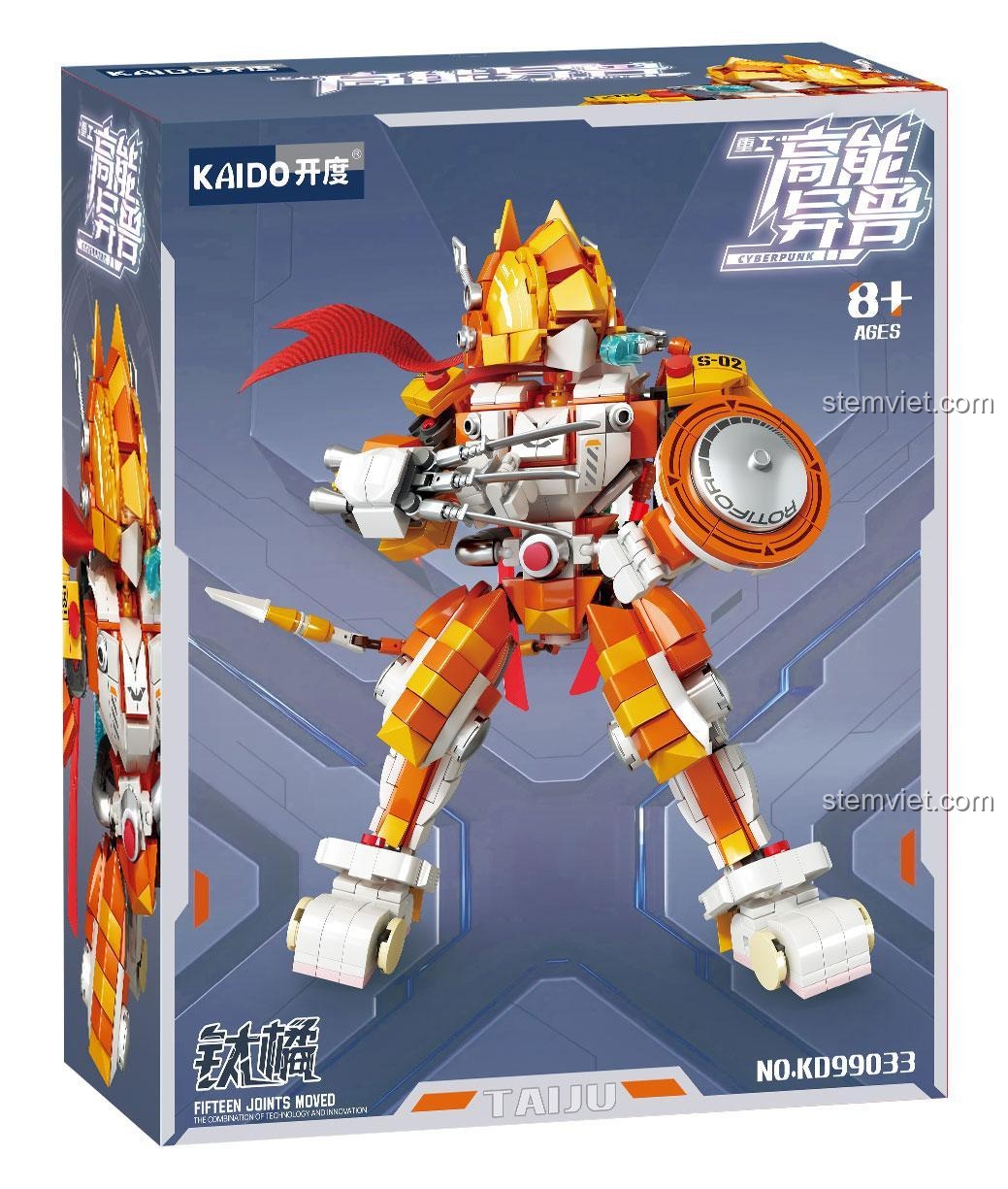 Hộp sản phẩm của bộ lắp ráp Chiến binh Mecha Mèo Cam Kaido KD99033, hiển thị hình ảnh robot và logo hãng Kaido.