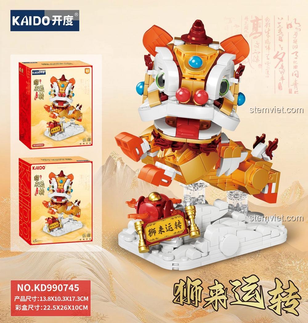 Kích thước hộp và mô hình Kaido KD99045 Mô hình Múa Lân Sư Tử, bộ xếp hình Lân may mắn, đồ chơi mô hình Sư tử múa Kaido, bộ lắp ghép KD 99045, ảnh thể hiện kích thước chi tiết sản phẩm.