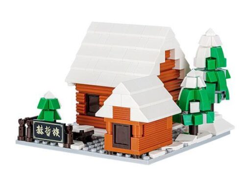 Mô hình hoàn thiện của bộ lắp ghép Nhà truyền thống dân tộc Hách Triết Kalos Blocks 81004, một ngôi nhà gỗ trong tuyết dành cho bé 6 tuổi.