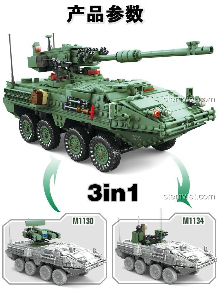 Thông số bộ lắp ráp Xe chiến đấu Stryker, 3 trong 1, mã 10001.
