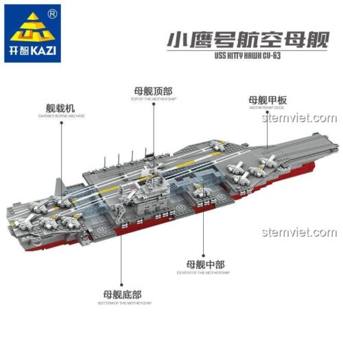 Sơ đồ chi tiết các bộ phận của đồ chơi mô hình tàu sân bay KAZI KY10002, bao gồm boong tàu, thân tàu và máy bay.