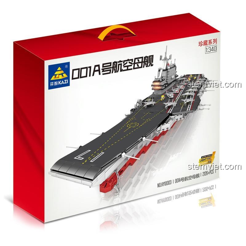 Hộp đựng của đồ chơi mô hình Tàu sân bay Type 001A KAZI, thể hiện rõ số lượng 2126 mảnh ghép và tỉ lệ 1:340.