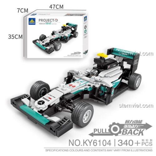Hộp sản phẩm đồ chơi mô hình KAZI KY6104 Xe Đua F1 Mercedes, có ghi rõ kích thước hộp 47x35x7cm và chức năng kéo lùi.