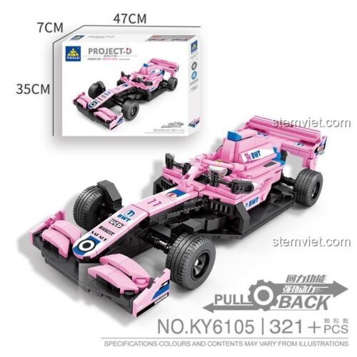 Ảnh hộp và mô hình hoàn thiện của bộ xếp hình KAZI KY6105 xe đua Công thức 1 McLaren, với thông tin 321 chi tiết và tính năng kéo lùi (pull back).