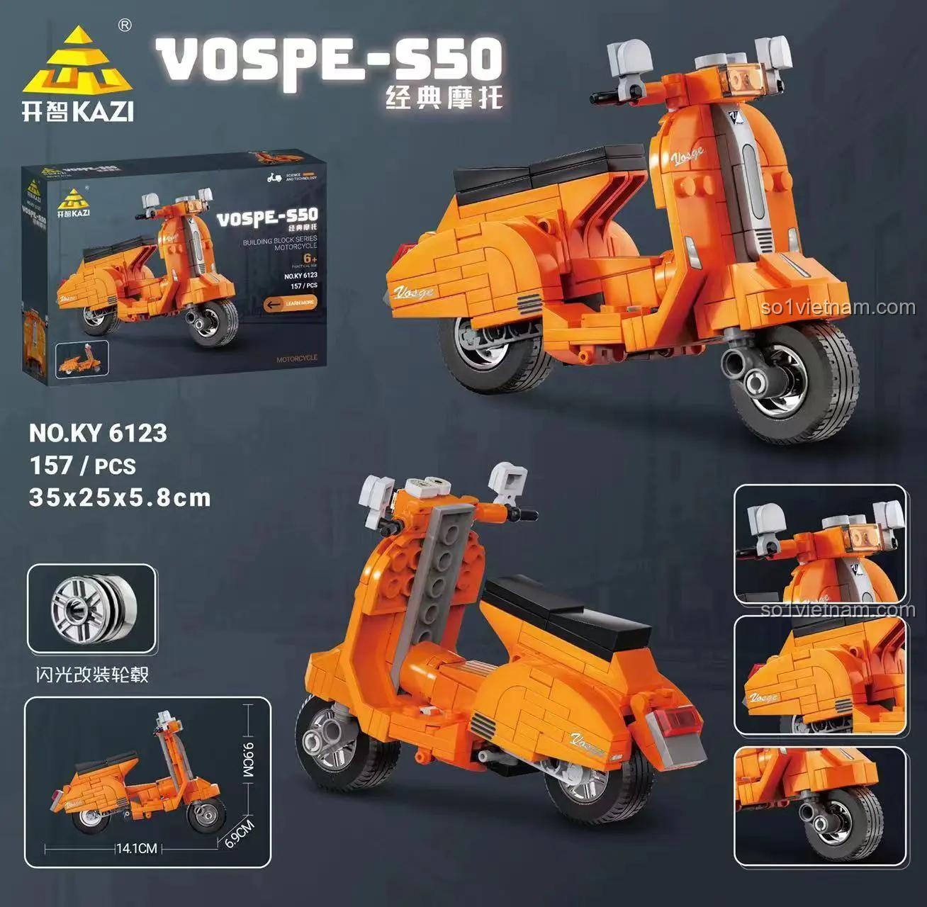 Bộ lắp ghép KAZI KY6123 Xe Vespa VOSPE-S50 hiển thị kích thước chi tiết, 157 chi tiết, chất lượng cao, giá tiết kiệm cho bé trai 6 tuổi.