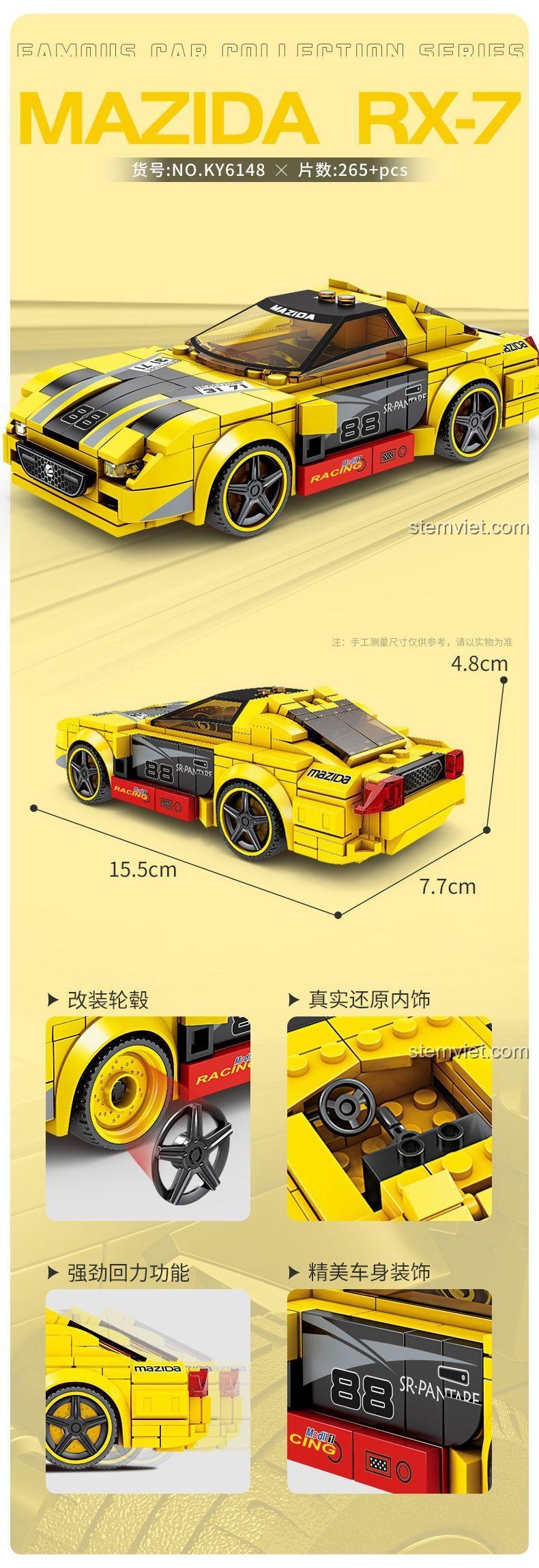 Mô hình Mazda RX-7 KAZI KY6148 hiển thị chi tiết nội thất, trang trí thân xe tinh xảo và kích thước mô hình 15.5x7.7x4.8cm, bộ lắp ráp chất lượng cao cho bé trai 6 tuổi.