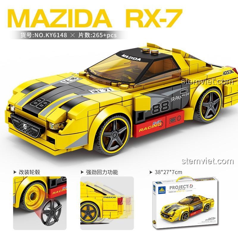 Hộp bộ lắp ráp KAZI KY6148 Mazda RX-7 265 mảnh ghép, thể hiện tính năng động cơ kéo lùi và kích thước hộp, đồ chơi mô hình siêu xe cho bé trai.
