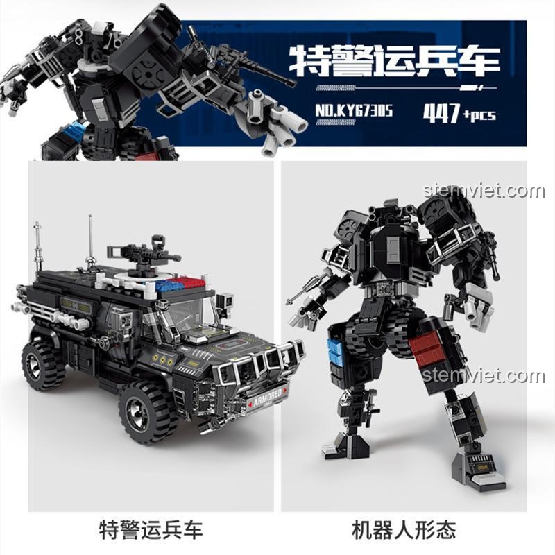 Bộ xếp hình KAZI 67305 lắp được 2 kiểu: xe chở quân và robot chiến đấu.