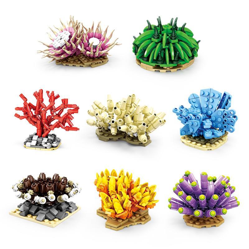 bộ lắp ghép Bộ sưu tập san hô KAZI KY80058 cho bé 6 tuổi, gồm 8 mô hình san hô rực rỡ từ 1167 mảnh ghép.