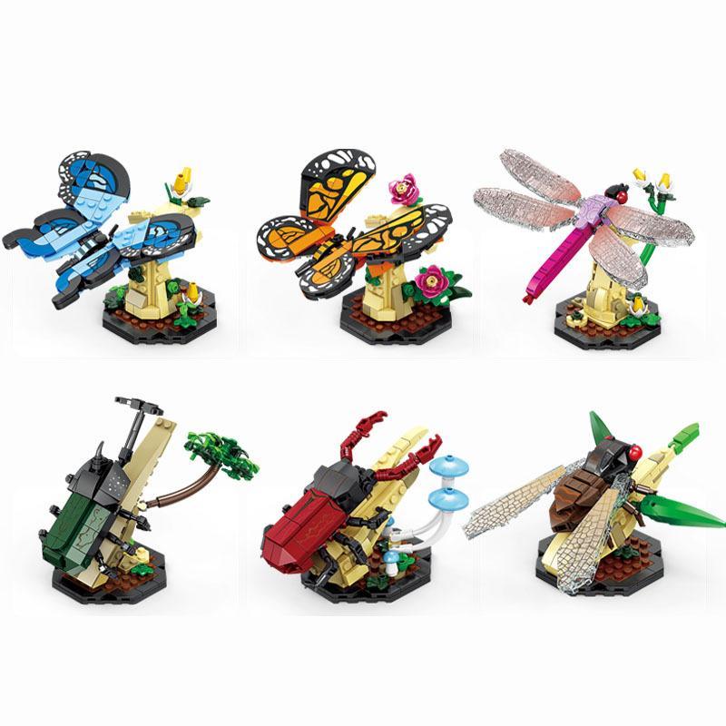 Tổng hợp 6 mô hình côn trùng và hoa trong bộ lắp ráp KAZI KY80059, một món đồ chơi sáng tạo tuyệt vời cho bé trai và bé gái 6 tuổi.