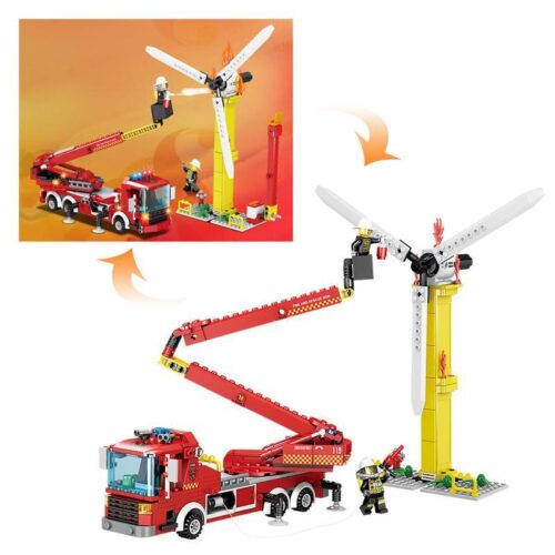 Bộ đồ chơi KAZI KY80519 xe cứu hỏa biến hình 2 kiểu, thể hiện cả xe chữa cháy cần gập và xe thang cứu hộ trên cao, phù hợp bé trai 6 tuổi, giá tốt.