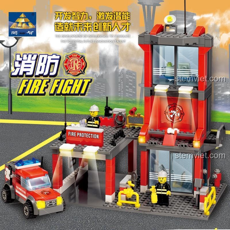 Chi tiết đồ chơi mô hình KY8052 Sở Cứu Hỏa với 2 lính cứu hỏa. Chất lượng cao, tương thích LEGO®.