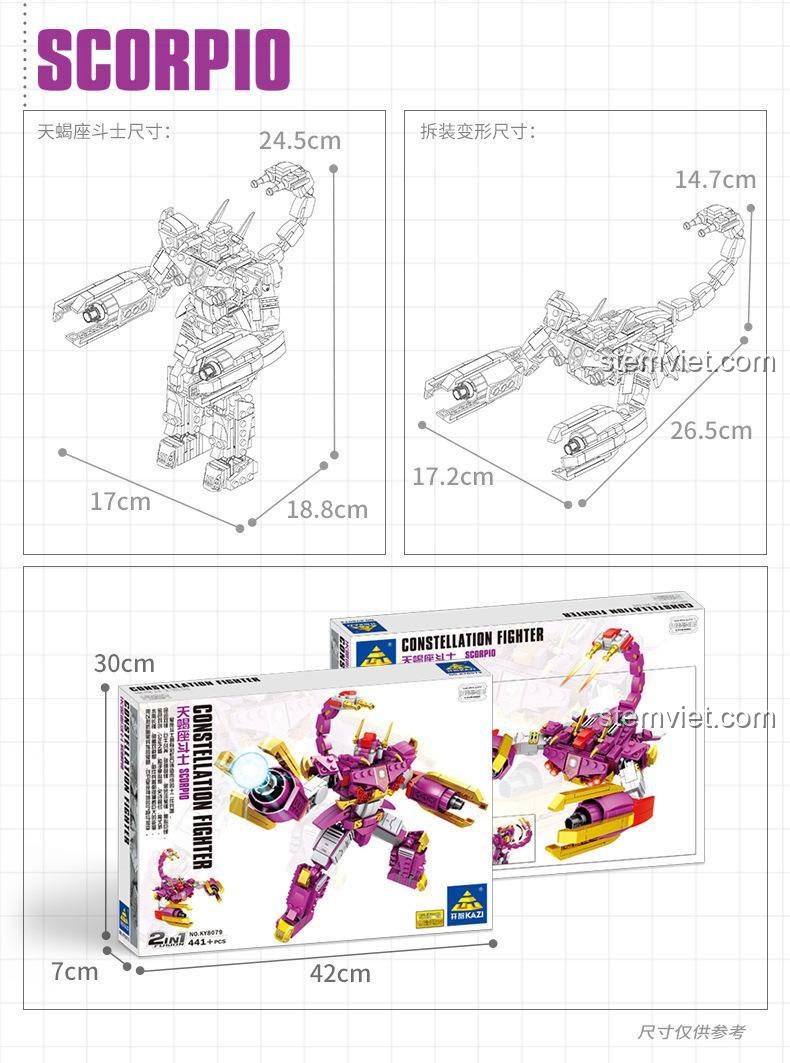 Ảnh thể hiện kích thước mô hình Robot Thiên Yết KAZI KY8079, đồ chơi lắp ráp cho bé trai 6 tuổi