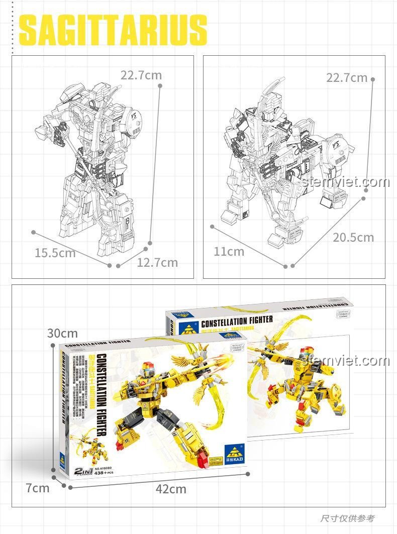 Kích thước mô hình Robot Biến Hình Xạ Thủ KAZI KY8080, đồ chơi lắp ráp Chiến Binh Xạ Thủ Nhân Mã, phù hợp cho con trai 6 tuổi