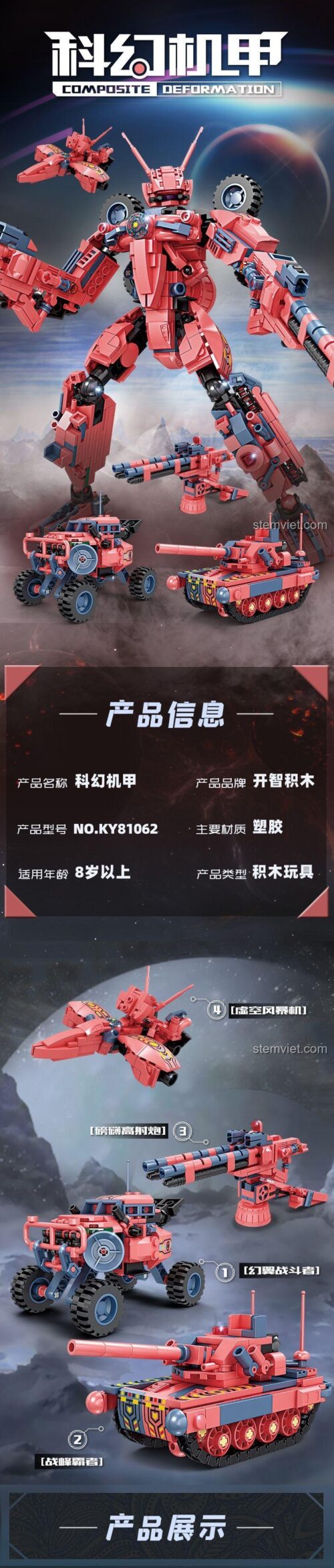 Poster giới thiệu bộ xếp hình KY81062 với 4 mô hình nhỏ và 1 robot hợp thể lớn, một món đồ chơi mô hình KAZI hấp dẫn.