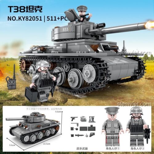 Xe tăng T38 KAZI KY82051 bộ đồ chơi lắp ghép quân sự cho bé trai 6 tuổi
