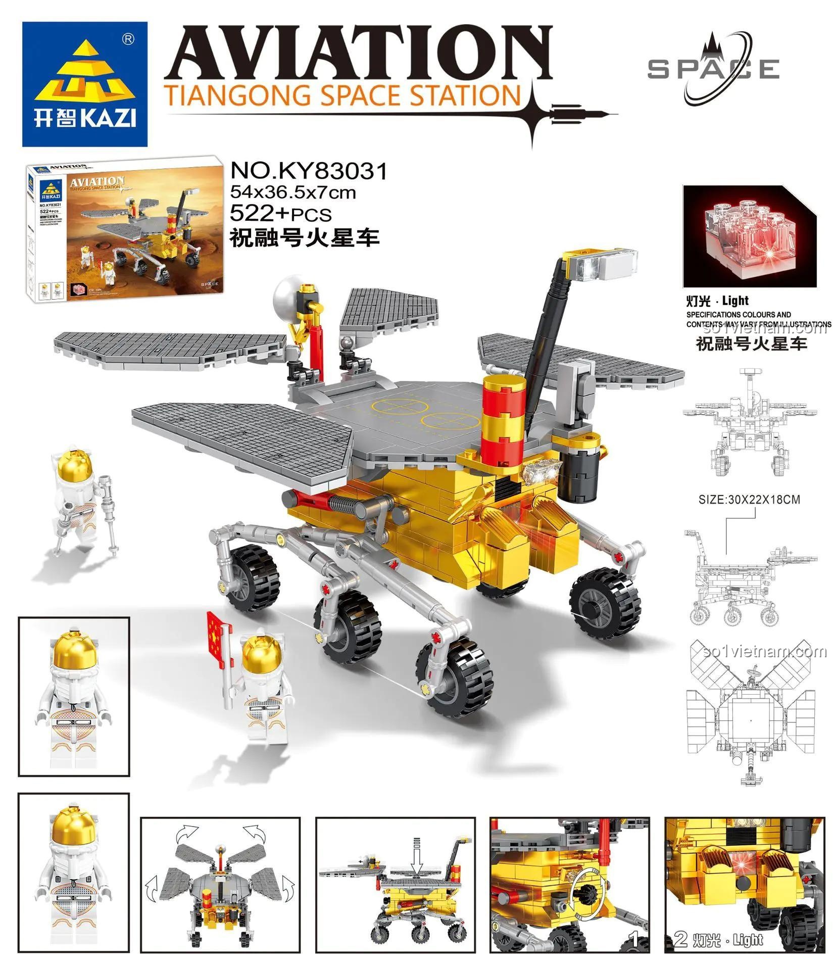 Hộp đồ chơi xây dựng KAZI KY83031 Xe thám hiểm sao Hỏa Chúc Dung, có đèn LED, 522 mảnh ghép, phù hợp bé trai 6 tuổi+, giá rẻ.