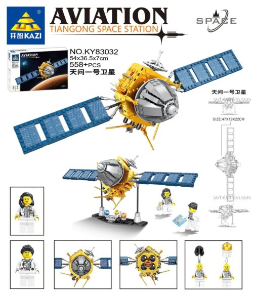 đồ chơi lắp ráp KY83032 Mô hình Vệ tinh Thiên Vấn 1, hiển thị kích thước, hộp sản phẩm, minifigure, cho bé trai 6 tuổi