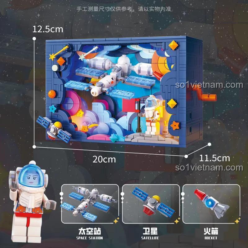 Kích thước mô hình Trạm Vũ Trụ Trung Quốc KAZI KY83039: 20x11.5x12.5cm, hộp 54x36.5x7cm, bộ lắp ghép KAZI KY83039, đồ chơi mô hình KAZI KY83039, đồ chơi xây dựng KAZI KY83039