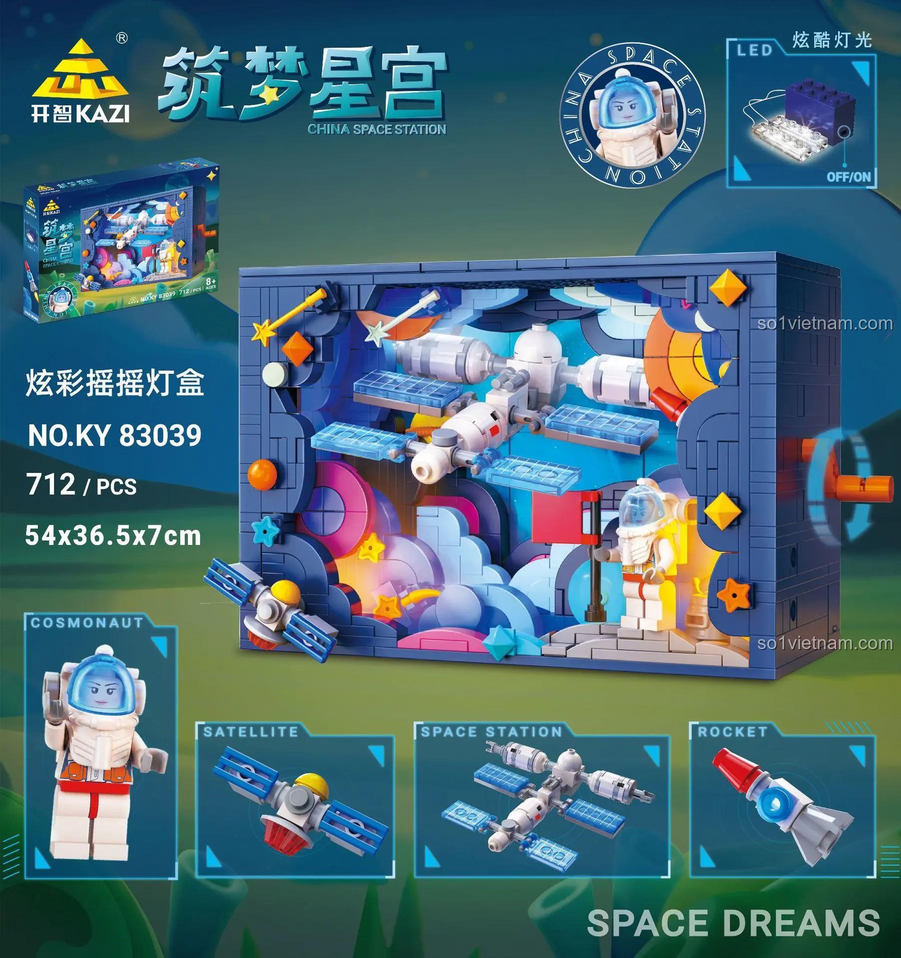 Hộp sản phẩm Trạm Vũ Trụ Trung Quốc KAZI KY83039, bộ đồ chơi KAZI KY83039, bộ lắp ghép KAZI KY83039, đồ chơi mô hình KAZI KY83039, đồ chơi xây dựng KAZI KY83039, 712 chi tiết, có đèn LED