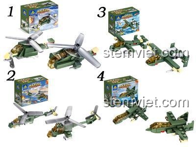 Chi tiết 4 mẫu máy bay trong bộ đồ chơi mô hình Lực lượng dã chiến mini, bao gồm trực thăng và máy bay phản lực.