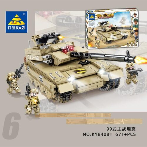 Bộ đồ chơi xe tăng quân sự KAZI KY84081 với 671 mảnh ghép, màu vàng chủ đạo, phù hợp cho bé trai 6 tuổi, rèn luyện kỹ năng định hướng không gian, kiên nhẫn, phối hợp tay mắt, sáng tạo ý tưởng, suy luận logic, tập trung chi tiết, tư duy hệ thống. Tương thích LEGO®.