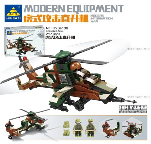 Hộp sản phẩm bộ lắp ghép trực thăng tấn công Tiger KY84136 của KAZI, có 217 chi tiết, dành cho bé 6 tuổi