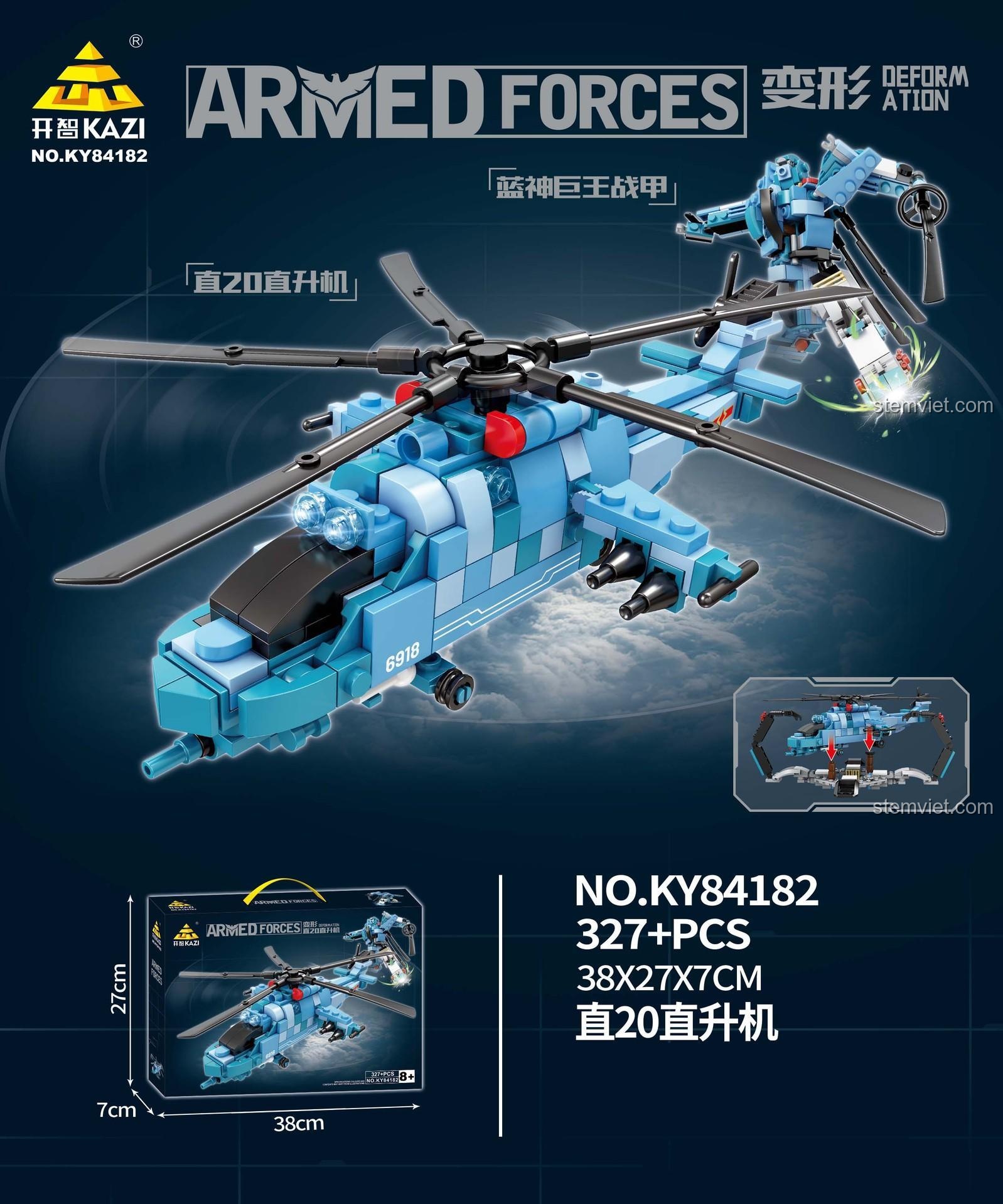 Bộ lắp ghép KAZI KY84182 Trực thăng Trực 20 và Lam Thần Cự Vương Chiến giáp Biến Hình, đồ chơi lắp ráp cho bé trai 6 tuổi, chất lượng cao