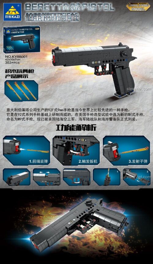Mô hình súng lục Beretta 92 KAZI KY88001 lắp ráp từ 353 mảnh, đồ chơi cho bé trai 6 tuổi.