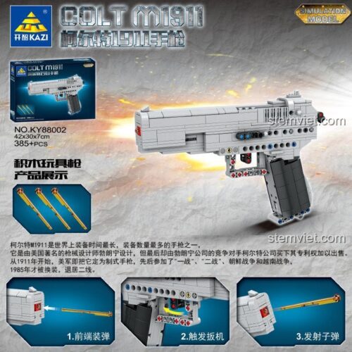 Hộp đồ chơi lắp ráp súng lục Colt M1911 KAZI KY88002 với các tính năng nổi bật.