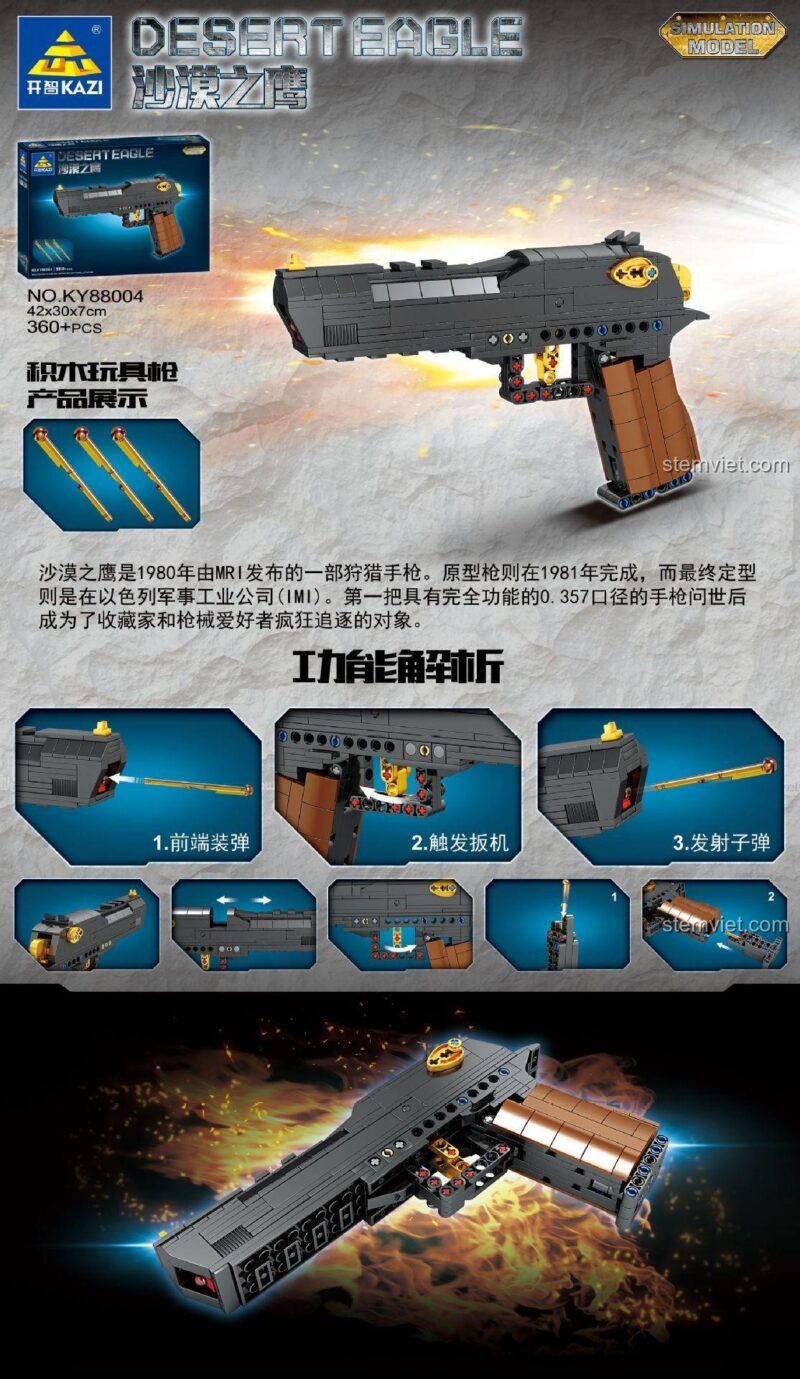 Hộp và các tính năng của bộ lắp ráp súng lục Desert Eagle KAZI 88004, bao gồm cơ chế bắn đạn.