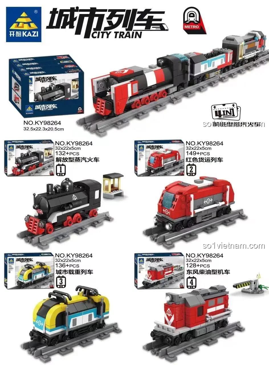 Hộp sản phẩm KAZI KY98264 Tàu Hỏa Hơi Nước Tiến Lên, bộ lắp ghép 4 trong 1 với 545 mảnh ghép, món quà đáng tiền cho bé trai 6 tuổi.