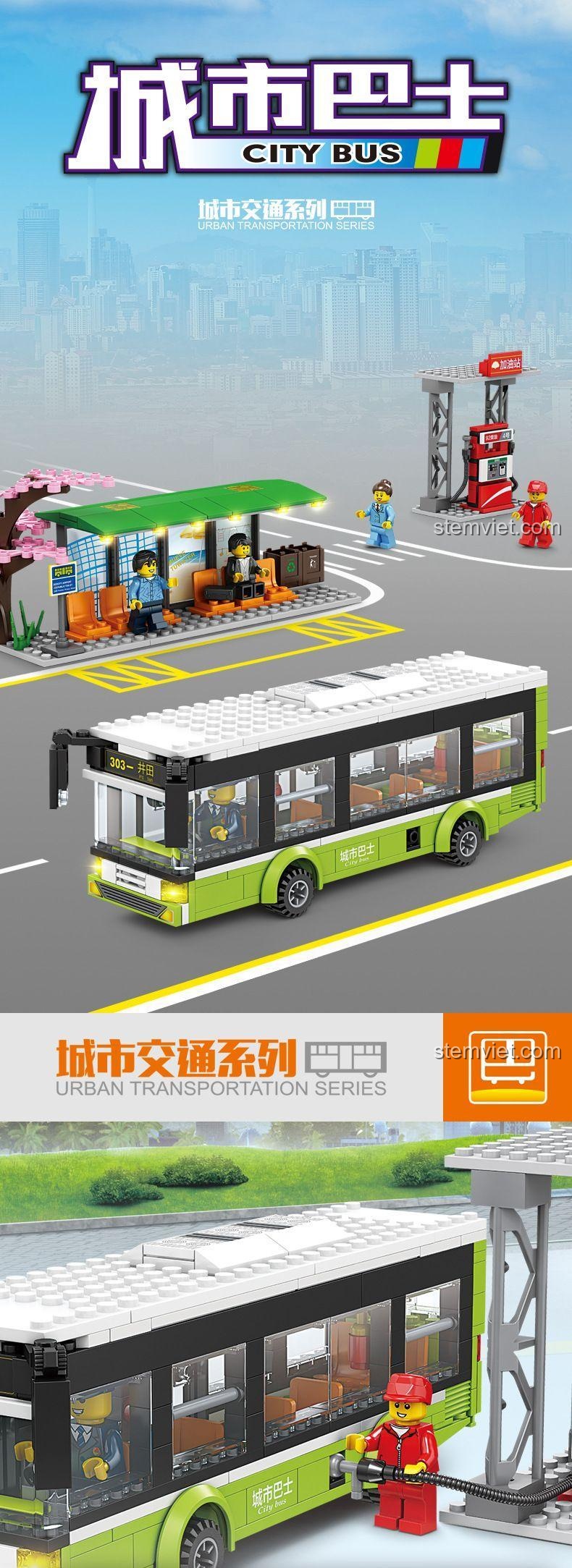 Xe Buýt Công Cộng 98271, mô hình xe buýt giao thông đô thị BOZHI, đồ chơi xây dựng thành phố hiện đại