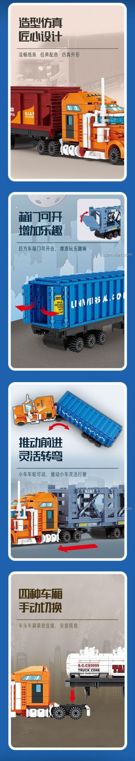 Bộ xếp hình Xe Tải Biến Hình 98272, KAZI KY98272, mô hình xe tải container, xe vận chuyển bùn đất, xe vận chuyển ô tô, xe bồn chở dầu