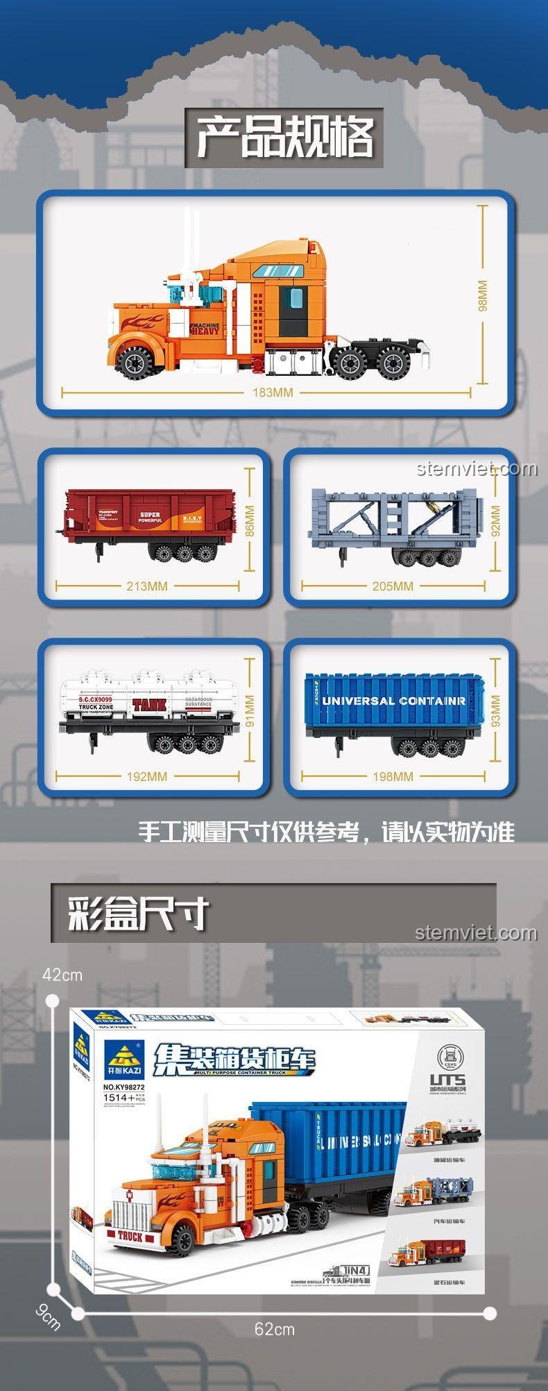 KAZI KY98272 Xe Tải Container Đa Năng, kích thước mô hình xe đầu kéo và các loại rơ moóc, đồ chơi lắp ráp cho bé trai 6 tuổi