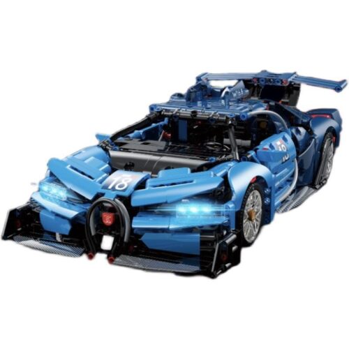 Mô hình hoàn thiện của bộ lắp ráp Bugatti Vision Gran Turismo KBOX 10213, một siêu xe concept màu xanh dương với thiết kế khí động học ấn tượng, phù hợp cho con trai 14 tuổi.