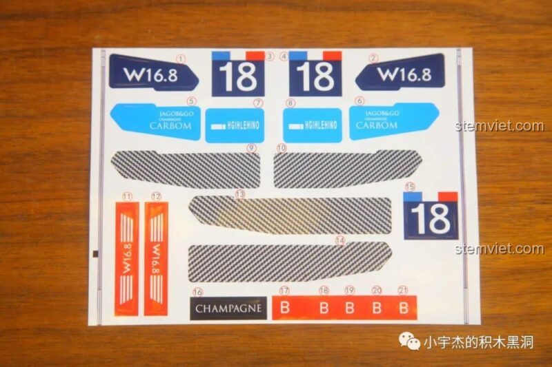 Tờ decal dán chất lượng cao cho bộ Siêu xe Bugatti Vision GT 10213, bao gồm các logo và họa tiết trang trí xe đua.