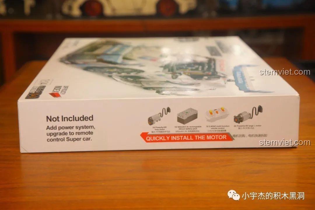 Hướng dẫn nâng cấp RC cho bộ xếp hình KBOX 10214, ghi rõ các bộ phận động cơ không đi kèm sản phẩm.