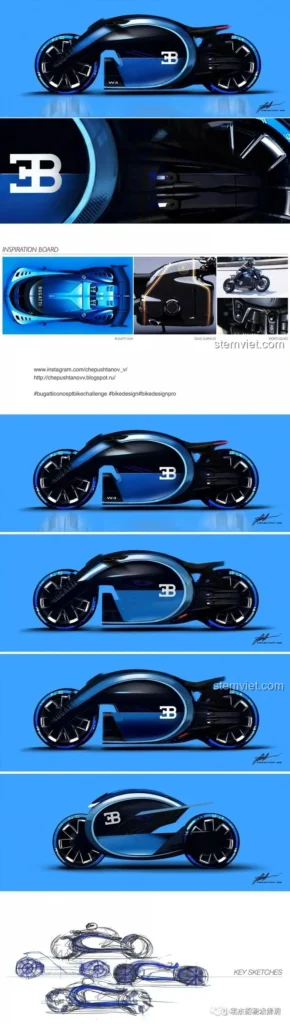 Bản vẽ ý tưởng thiết kế ban đầu của mô tô Bugatti Concept, nguồn cảm hứng cho bộ lắp ráp KBOX 10217 Xe mô tô Bugatti.