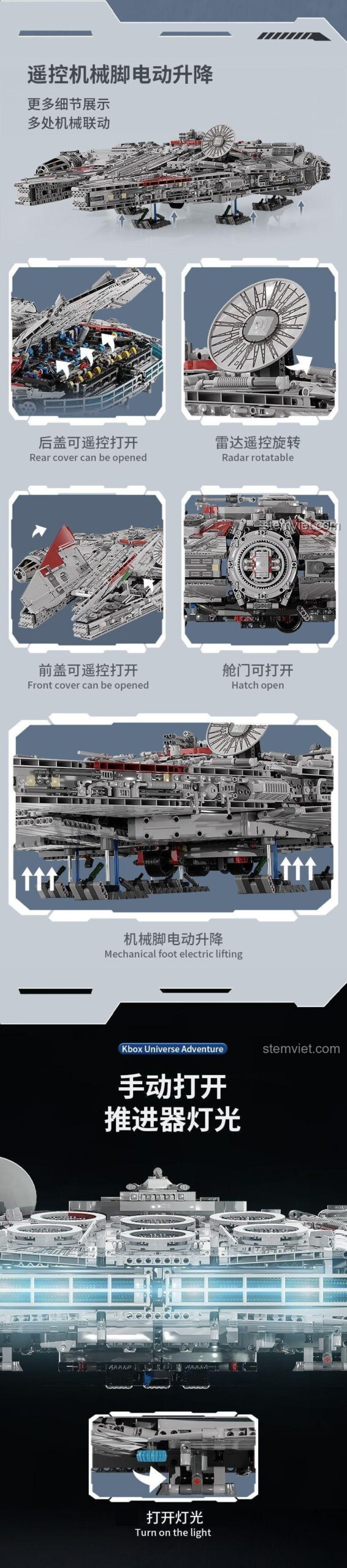 Các tính năng cơ khí của bộ lắp ráp Tàu Thiên Niên Ưng KBOX 10521: chân hạ cánh điện, nắp khoang mở, radar xoay, cửa khoang mở, đèn chiếu sáng, phù hợp con trai 14 tuổi.