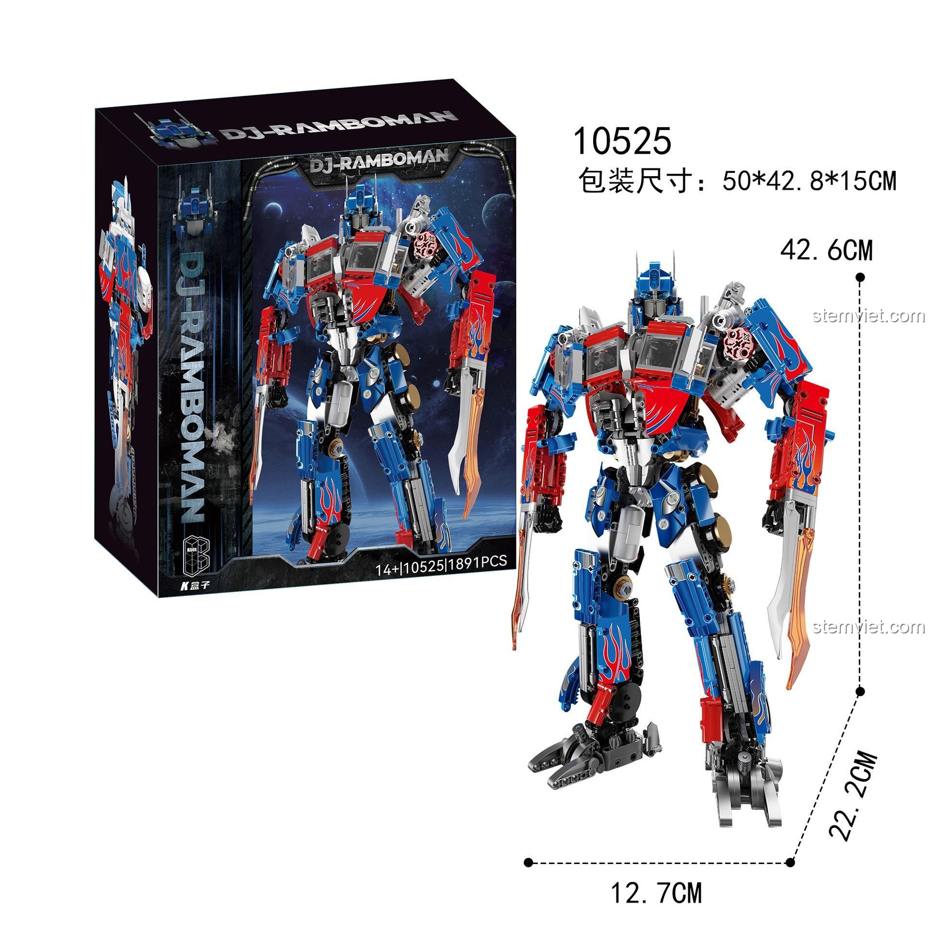 Hộp và kích thước chi tiết của bộ xếp hình KBOX 10525 Robot Optimus Prime, món quà giá tốt cho fan Transformers.