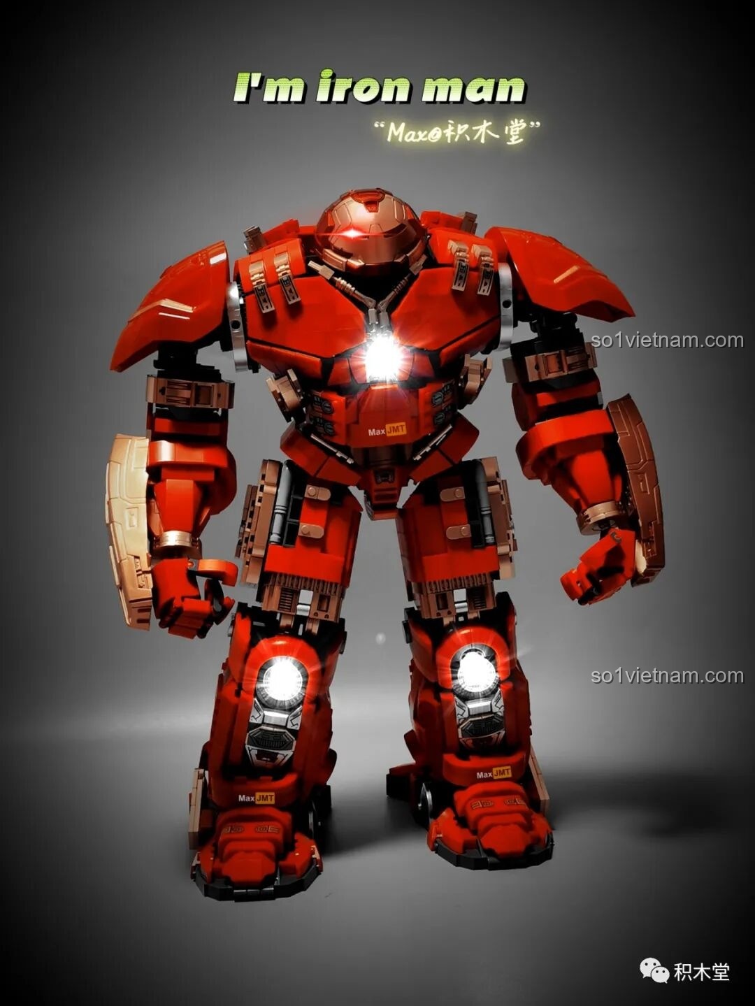 Mô hình KBOX V5004 Giáp Chống Hulk MK44 đã hoàn thành, nổi bật với đèn LED sáng rực ở ngực và chân. Đánh giá KBOX 5004 Hulkbuster MK44 cho fan Marvel.
